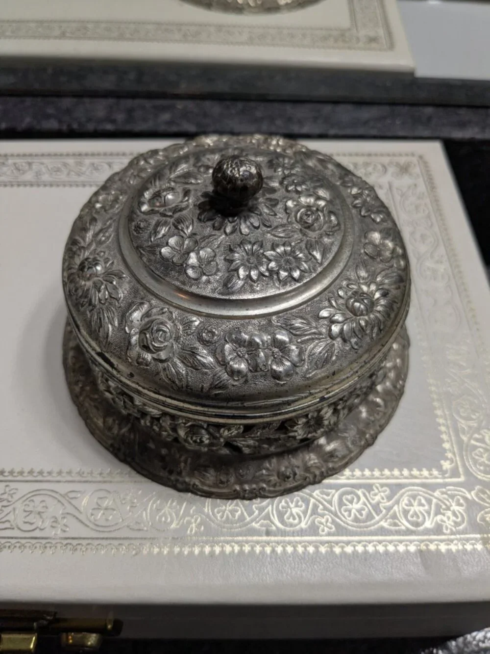 Antique Pewter Repousse Salt Cellar Box 5